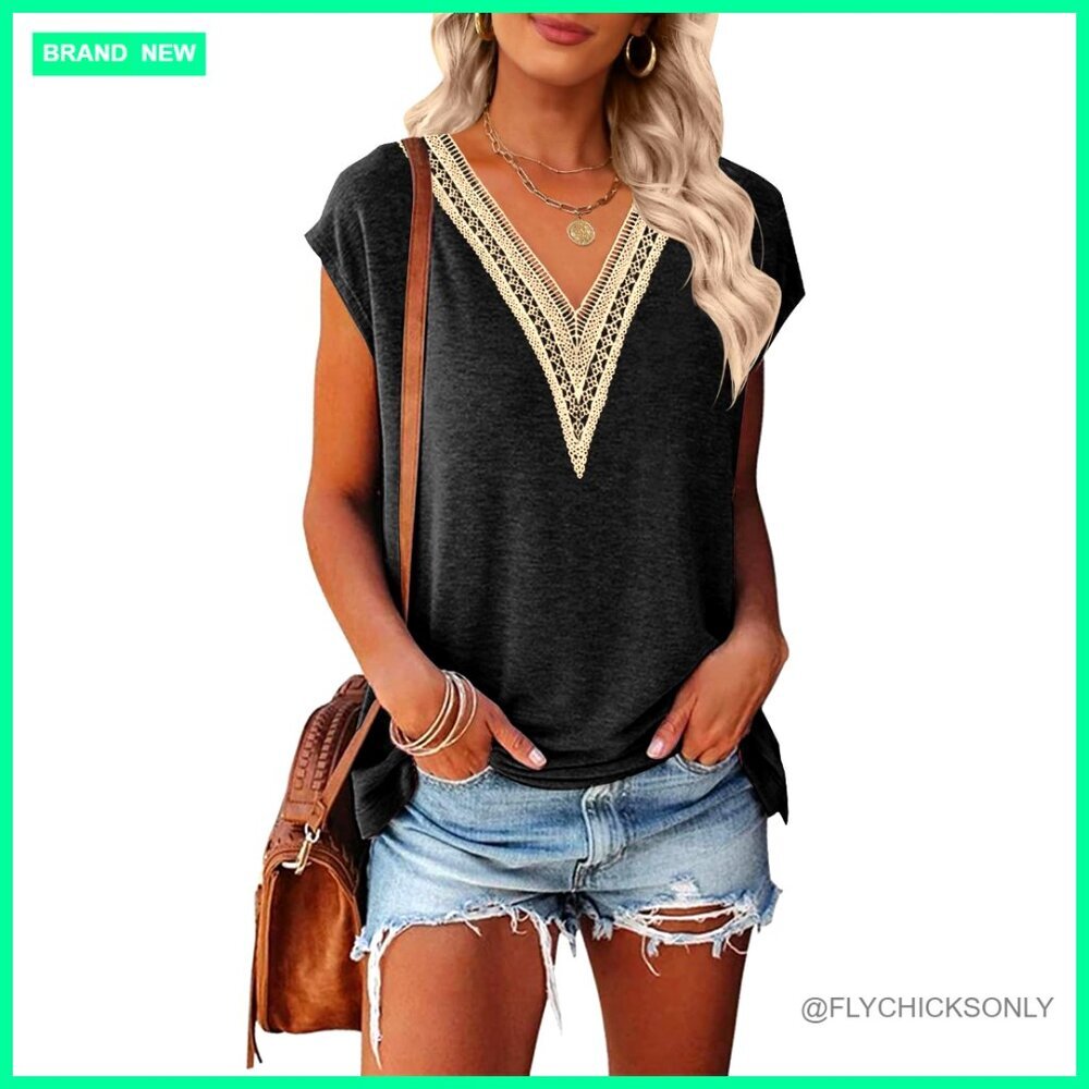Boho Lace Trim V-Neck Cap Sleeve T-Shirt Loose Fit Summer Top